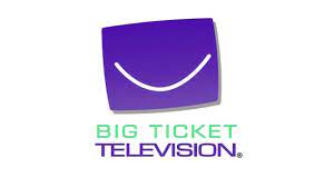 A purple box with the words big ticket television written underneath it.