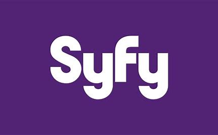 A purple background with the word syfy written in white.